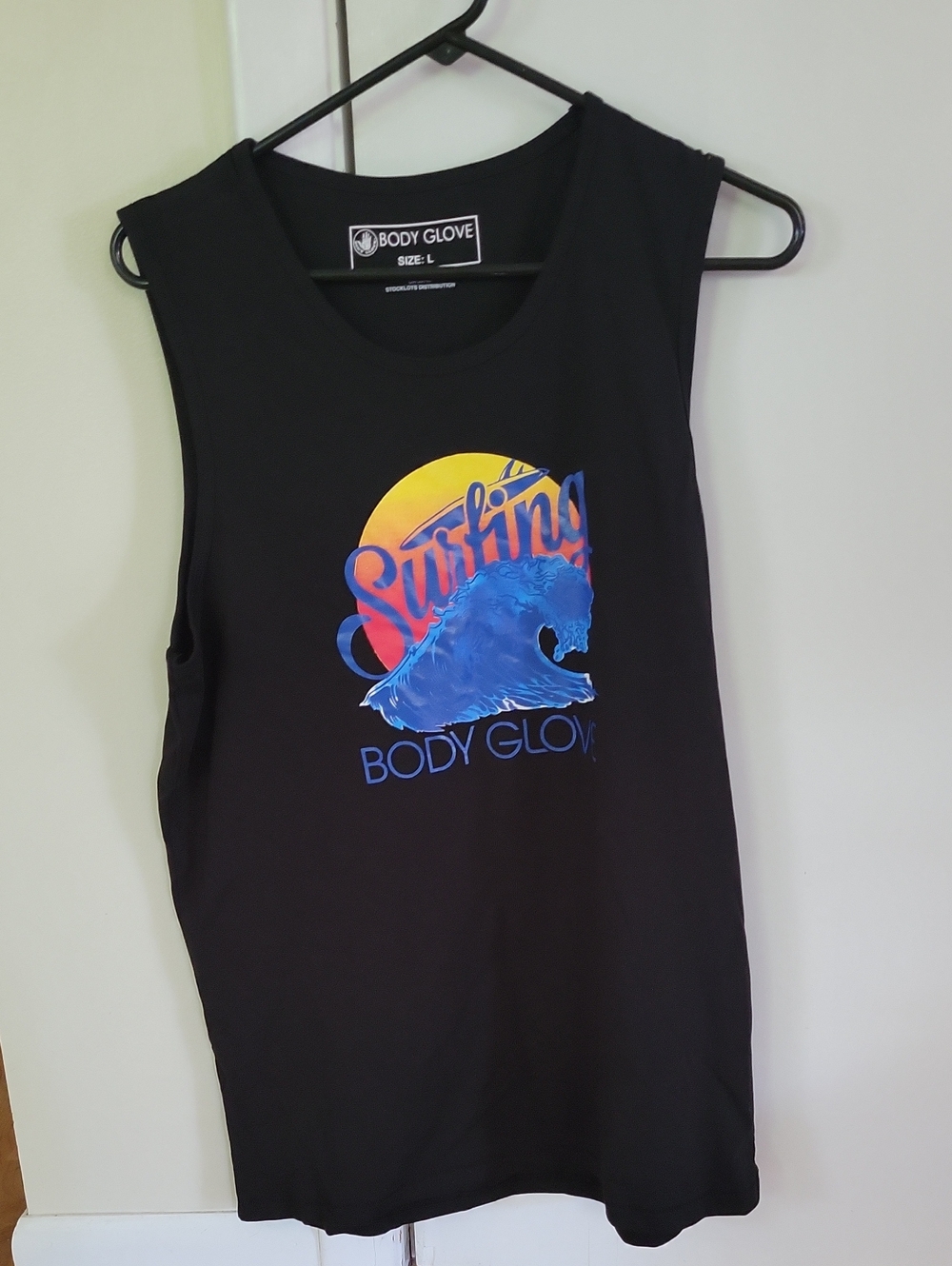 NWOT Body Glove Black Muscle Tank with Blue Wave and Yellow-Orange Sun